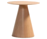 Bla Station Jackless table in wood finish and material, in front view with round tabletops and tapered conical base.