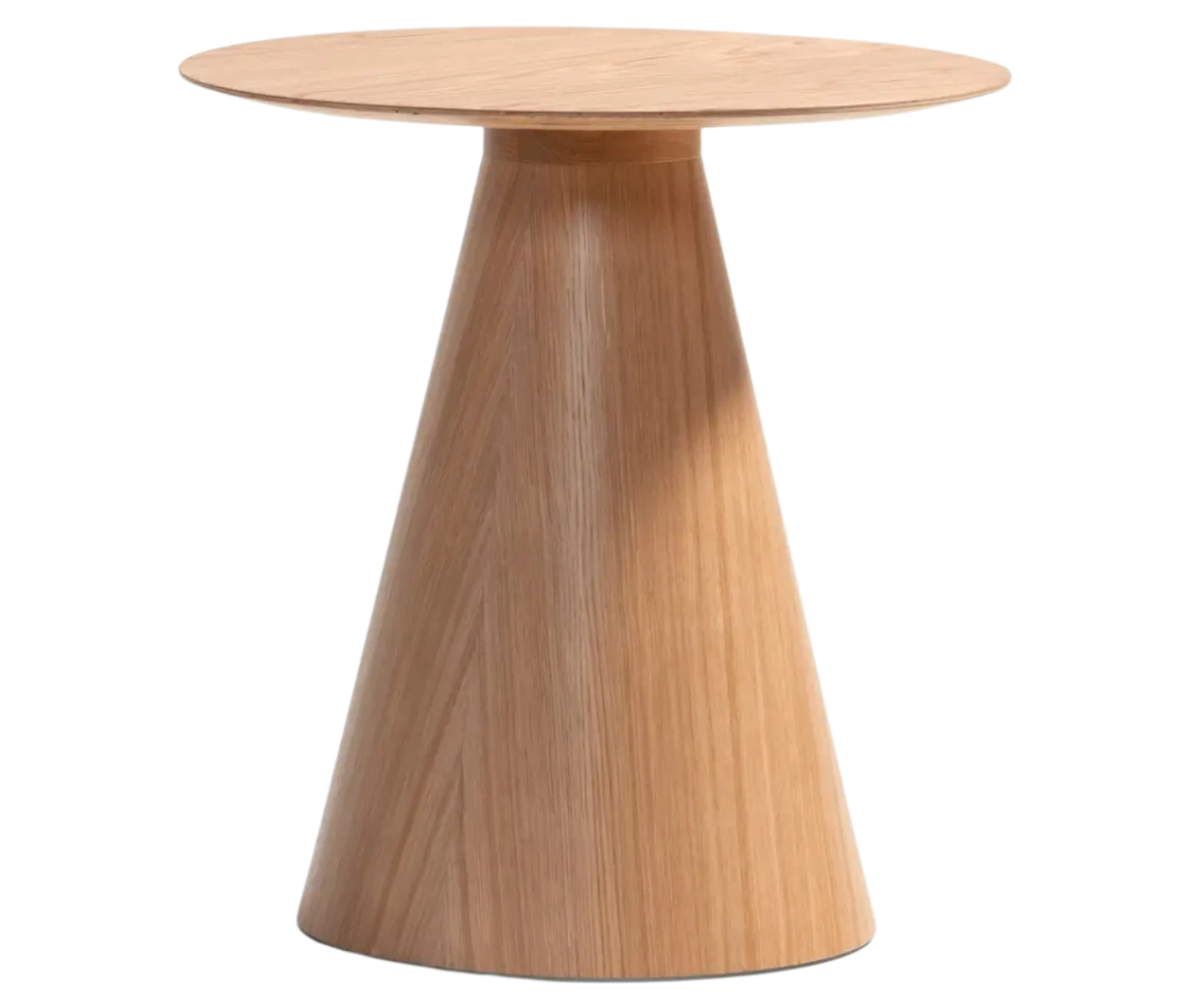 Bla Station Jackless table in wood finish and material, in front view with round tabletops and tapered conical base.