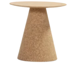 Bla Station Jackless table in front view with natural cork finish, featuring a round tabletop and tapered conical base.
