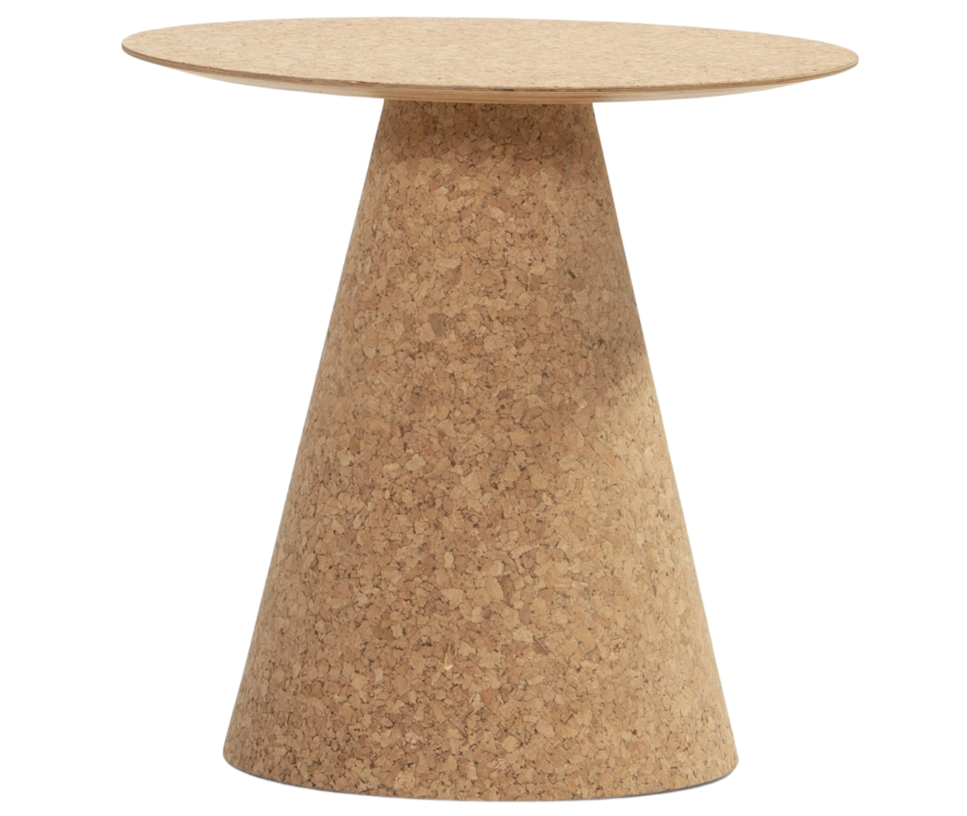 Bla Station Jackless table in front view with natural cork finish, featuring a round tabletop and tapered conical base.