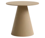 Bla Station Jackless table in front view, with round top and wide tapered metal base in beige finish.
