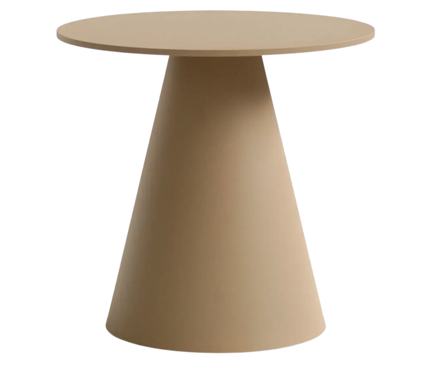 Bla Station Jackless table in front view, with round top and wide tapered metal base in beige finish.