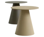 Bla Station Jackless table in front view, with round top and wide tapered metal base.