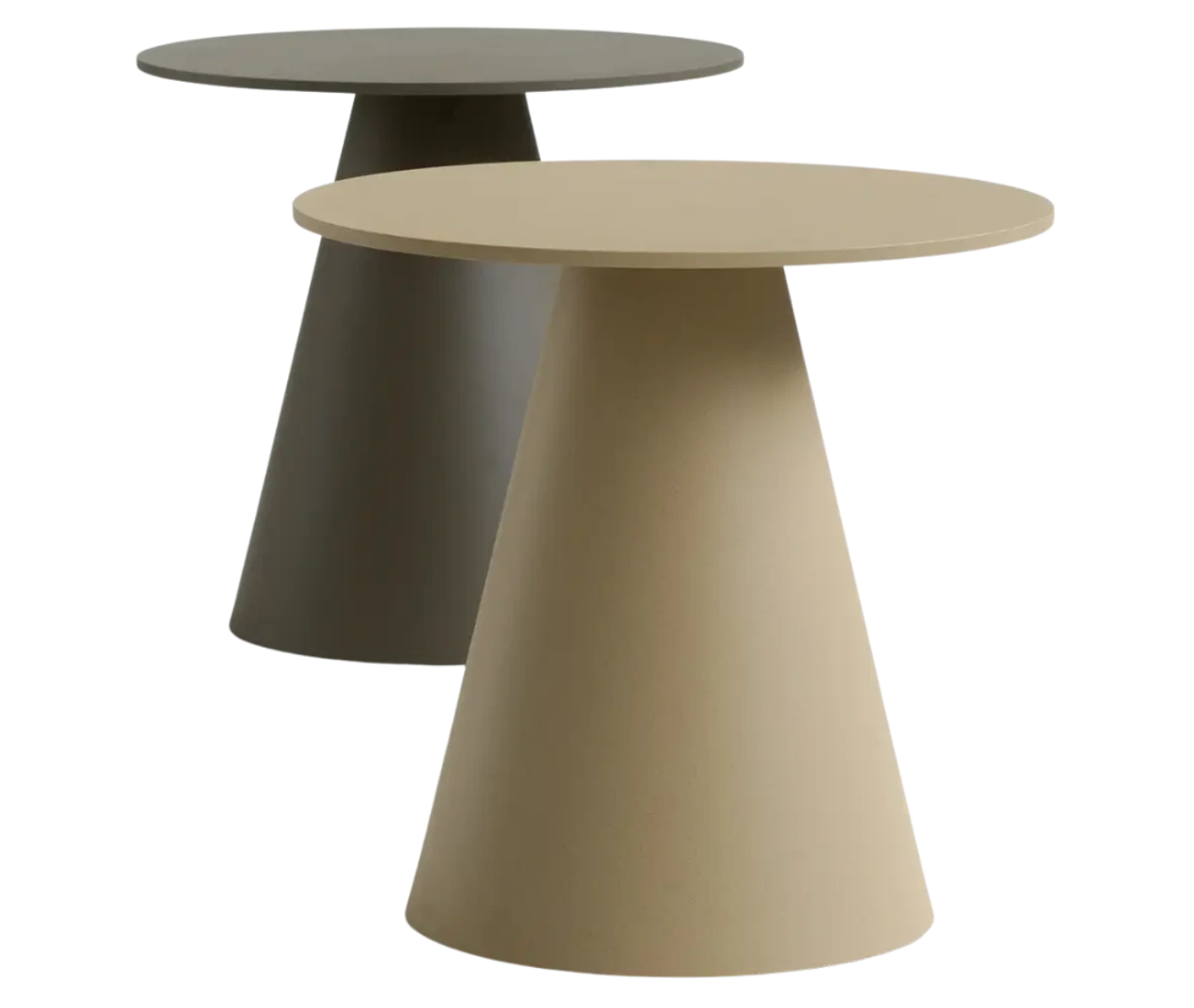 Bla Station Jackless table in front view, with round top and wide tapered metal base.