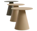 Bla Station Jackless tables lined up, with round top and wide tapered metal base in different finish.