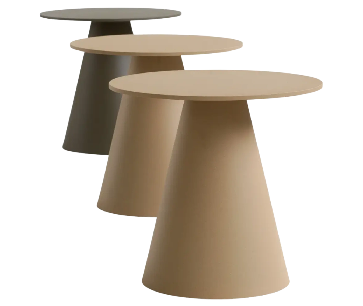 Bla Station Jackless tables lined up, with round top and wide tapered metal base in different finish.