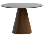 Bla Station Jackless table in front view, with wide round top and wide tapered metal base in dark brown finish.