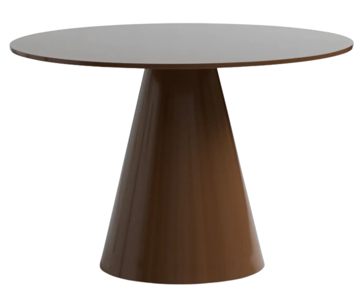 Bla Station Jackless table in front view, with wide round top and wide tapered metal base in dark brown finish.