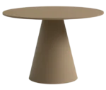Bla Station Jackless table in front view, with wide round top and wide tapered metal base in beige finish.
