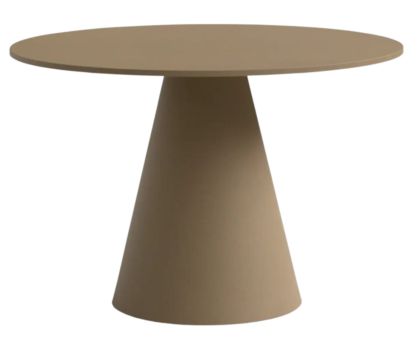 Bla Station Jackless table in front view, with wide round top and wide tapered metal base in beige finish.