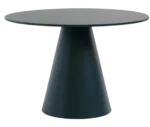 Bla Station Jackless table in front view, with wide round top and wide tapered metal base in dark finish.