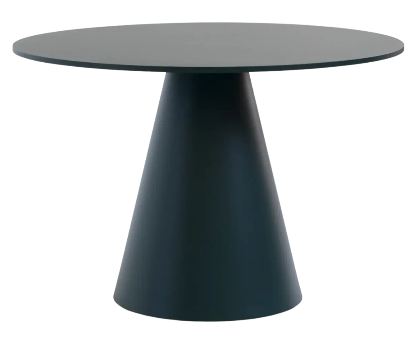Bla Station Jackless table in front view, with wide round top and wide tapered metal base in dark finish.