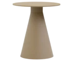 Bla Station Jackless table in front view, beige finish with smaller round top and wide tapered metal base.
