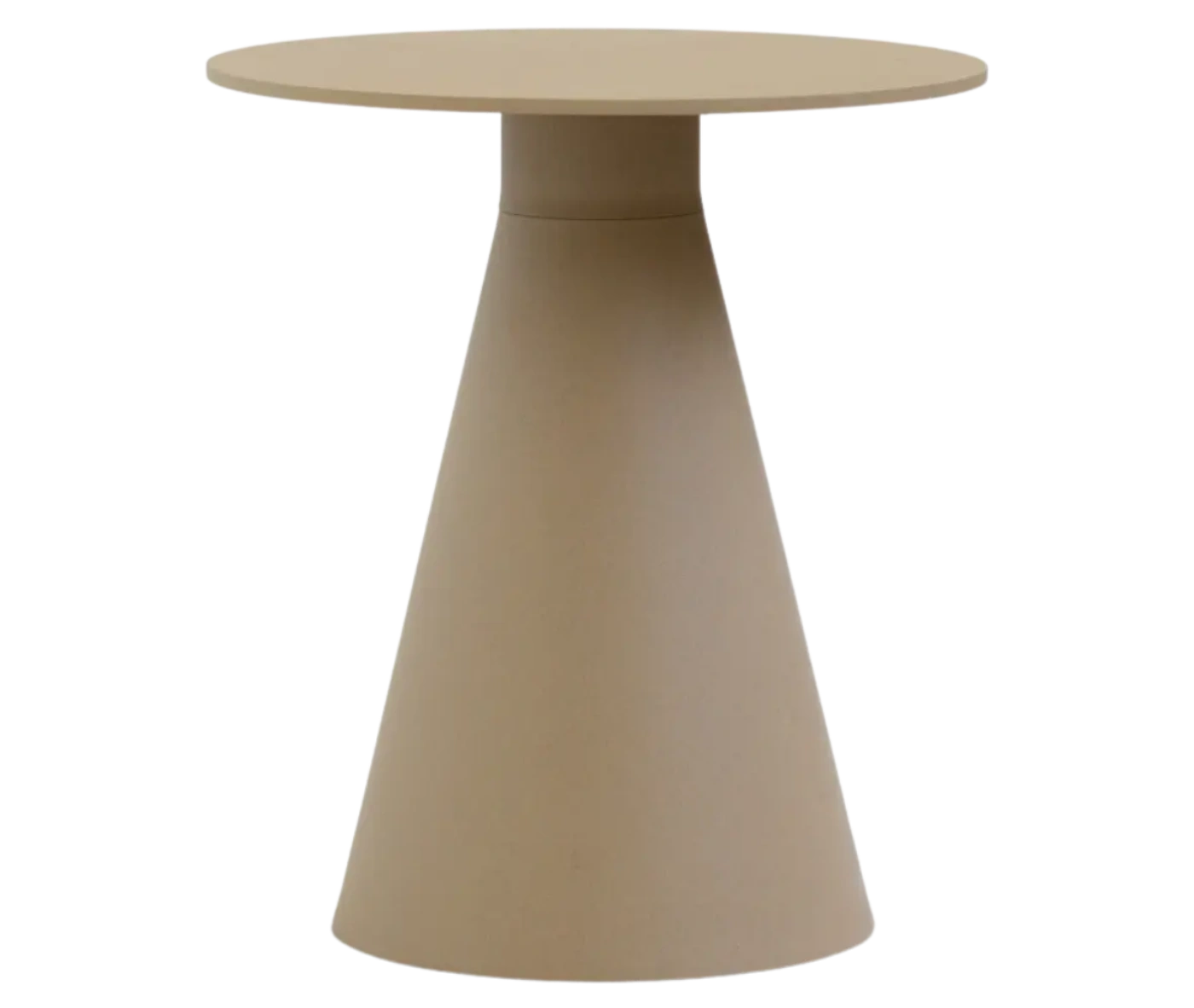 Bla Station Jackless table in front view, beige finish with smaller round top and wide tapered metal base.