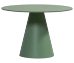 Bla Station Jackless table in front view, with wide round top and wide tapered metal base in sage green finish.
