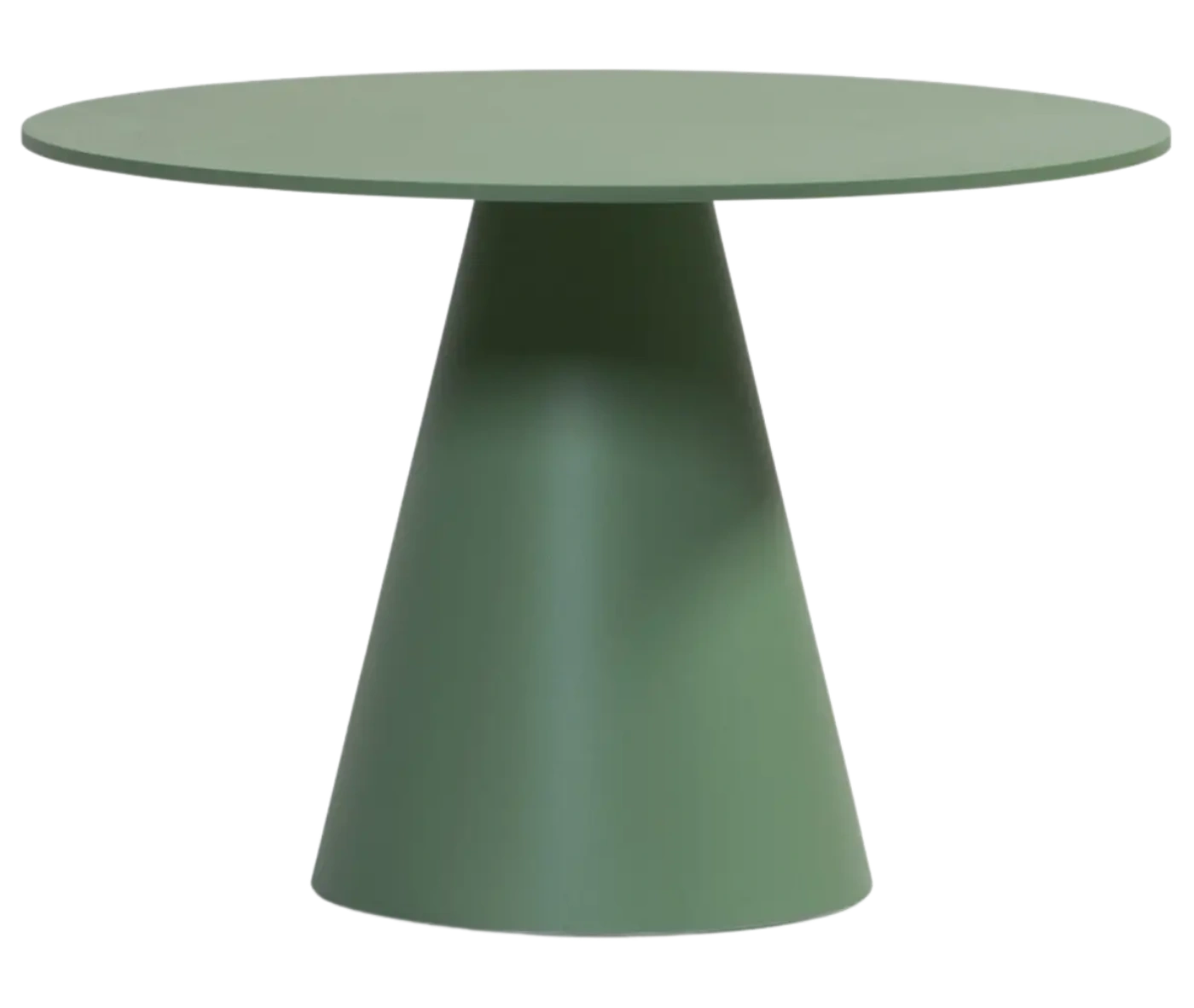 Bla Station Jackless table in front view, with wide round top and wide tapered metal base in sage green finish.
