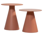 Bla Station Jackless tables side by side, with round top and wide tapered metal base in terracotta finish.