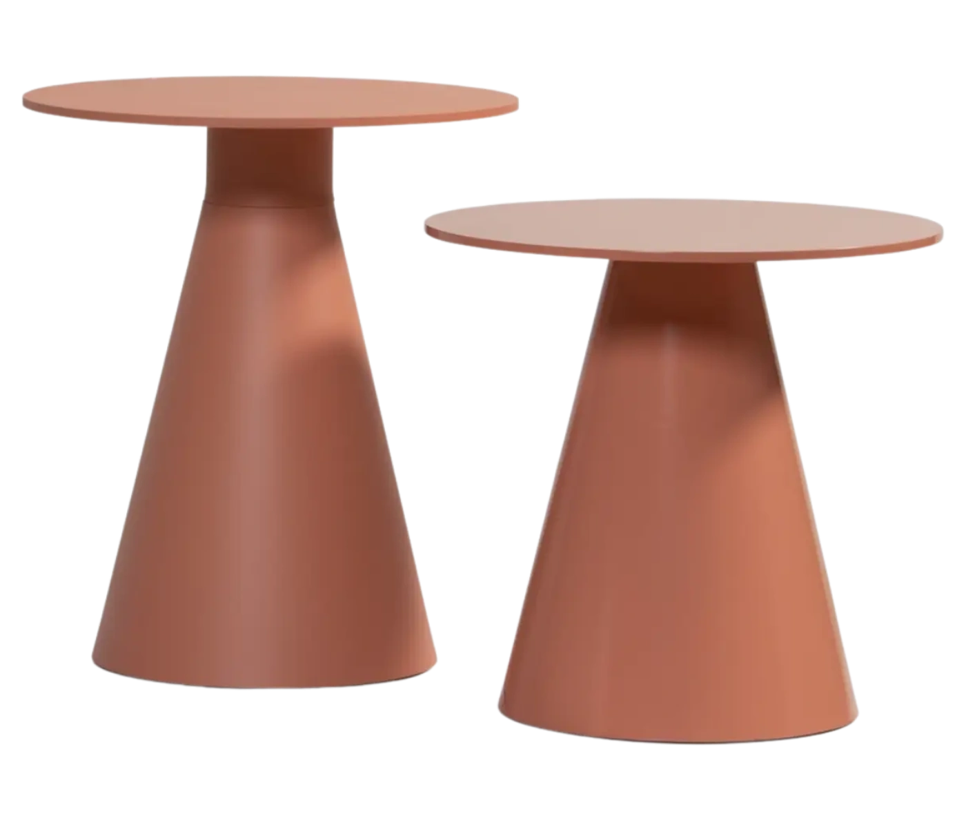Bla Station Jackless tables side by side, with round top and wide tapered metal base in terracotta finish.