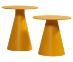 Bla Station Jackless tables side by side, with round top and wide tapered metal base in yellow finish.