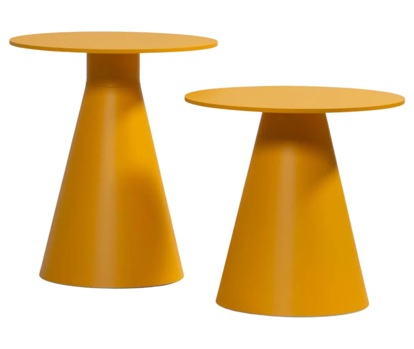 Bla Station Jackless tables side by side, with round top and wide tapered metal base in yellow finish.
