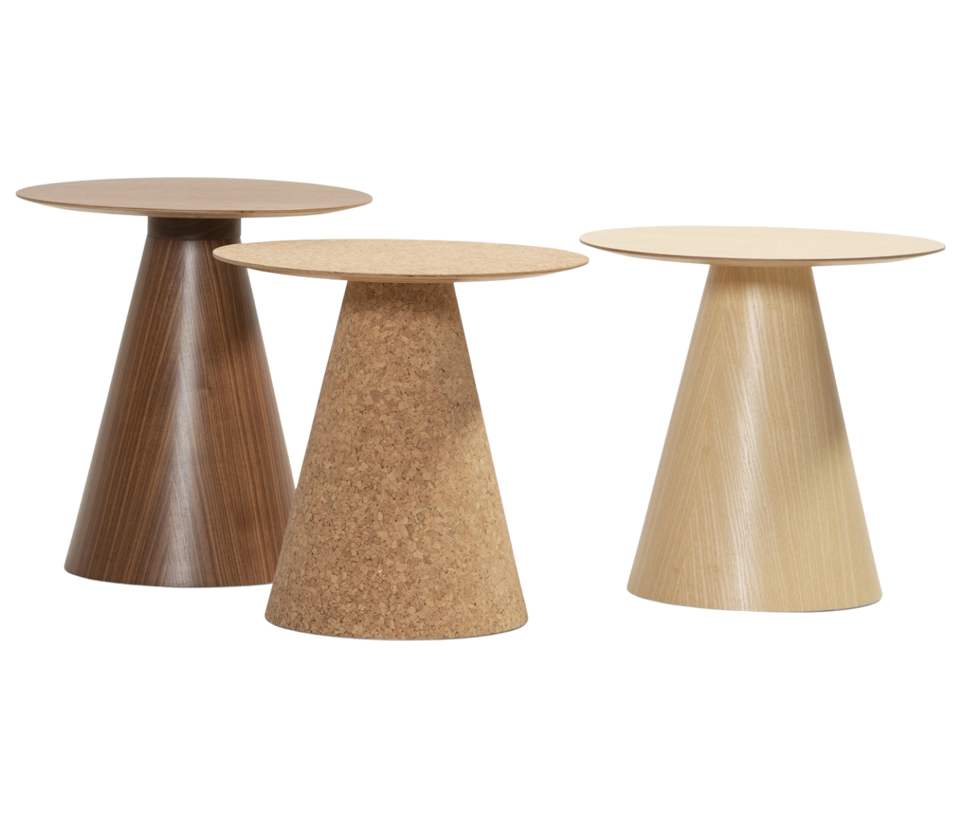 Bla Station Jackless tables lined up together, with round wooden tabletops and wide tapered bases.