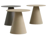 Bla Station Jackless tables, with round metal tabletops and wide tapered bases.