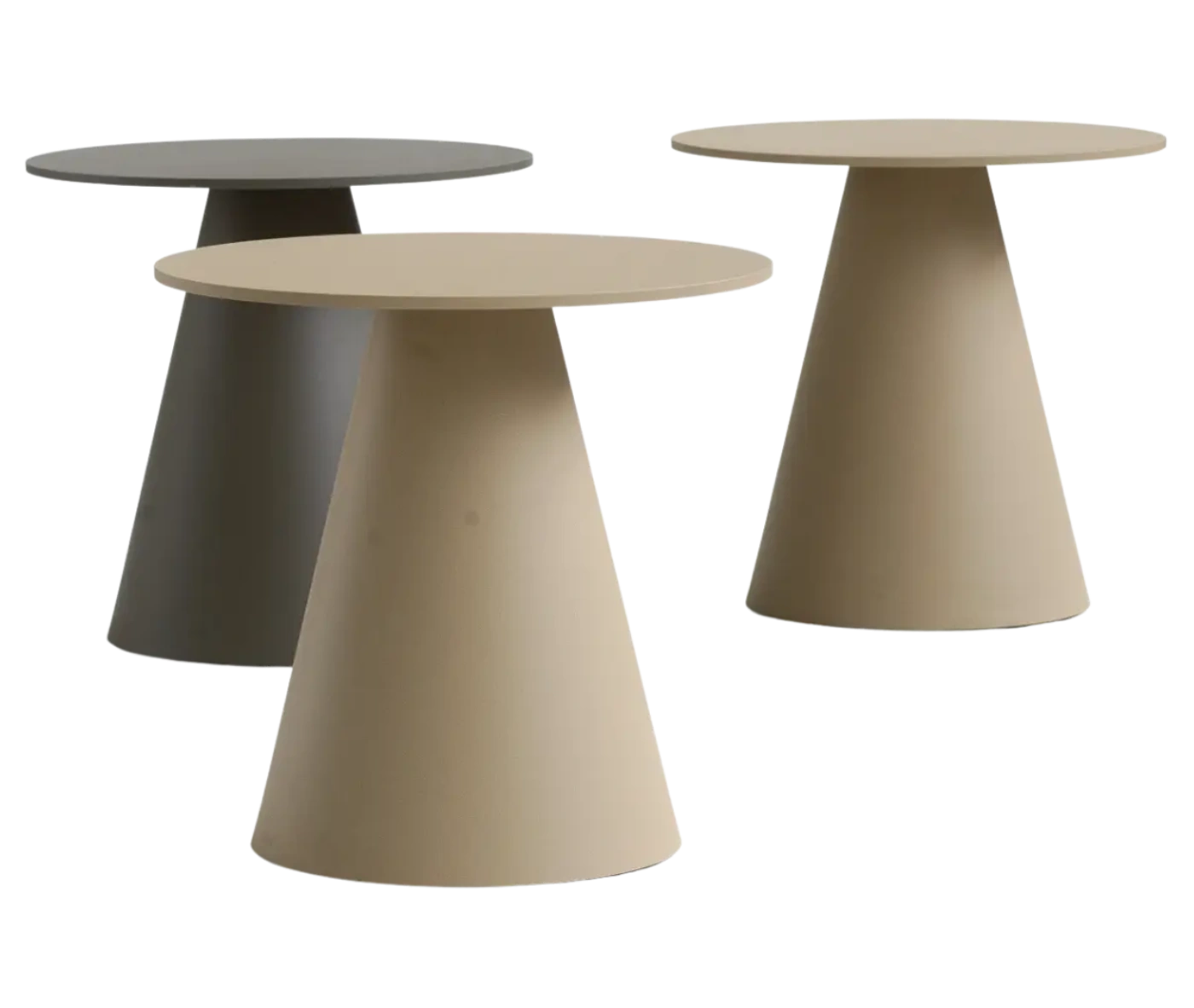 Bla Station Jackless tables, with round metal tabletops and wide tapered bases.