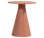 Bla Station Jackless table in front view, terracotta finish with smaller round top and wide tapered metal base.