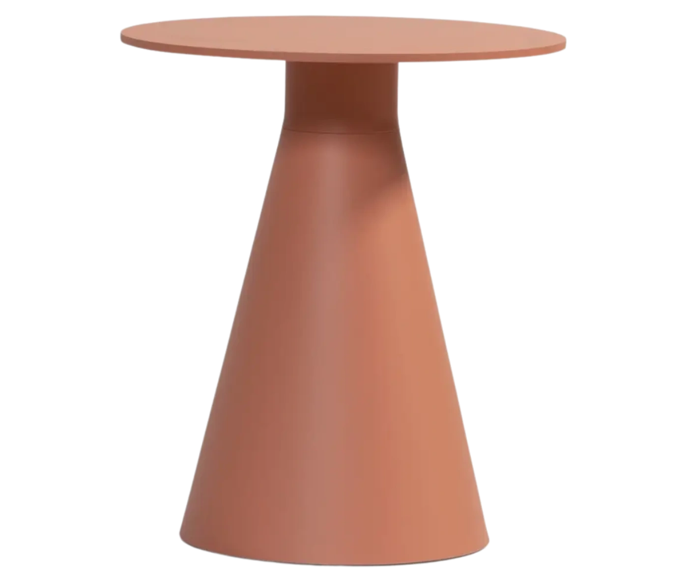Bla Station Jackless table in front view, terracotta finish with smaller round top and wide tapered metal base.