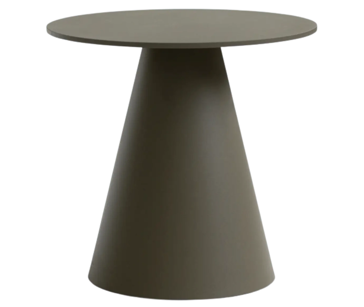 Bla Station Jackless table in front view, dark finish with round top and wide tapered metal base.