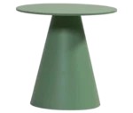 Bla Station Jackless table in front view, sage green finish with round top and wide tapered metal base.