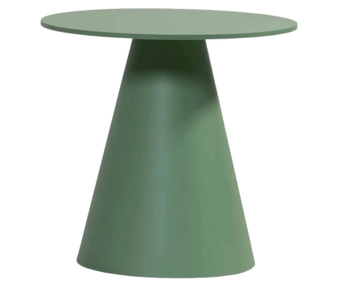 Bla Station Jackless table in front view, sage green finish with round top and wide tapered metal base.