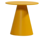 Bla Station Jackless table in front view, yellow finish with round top and wide tapered metal base.