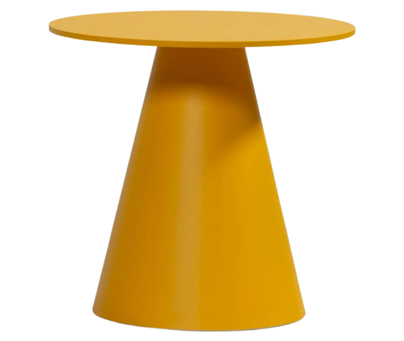 Bla Station Jackless table in front view, yellow finish with round top and wide tapered metal base.