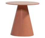Bla Station Jackless table in front view, teracotta finish with round top and wide tapered metal base.