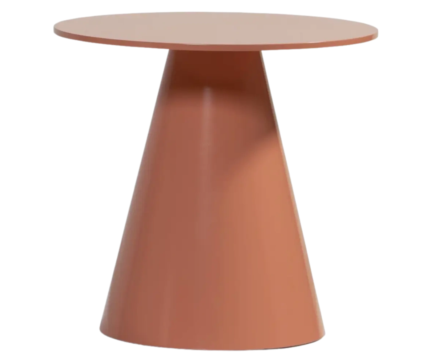 Bla Station Jackless table in front view, teracotta finish with round top and wide tapered metal base.