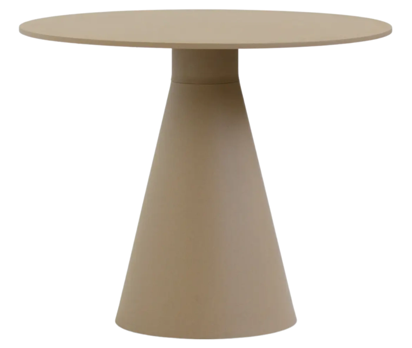 Bla Station Jackless table in front view, beige finish with round top and wide tapered metal base.