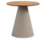 Bla Station Jackless table in front view, with round top and wide tapered metal base.