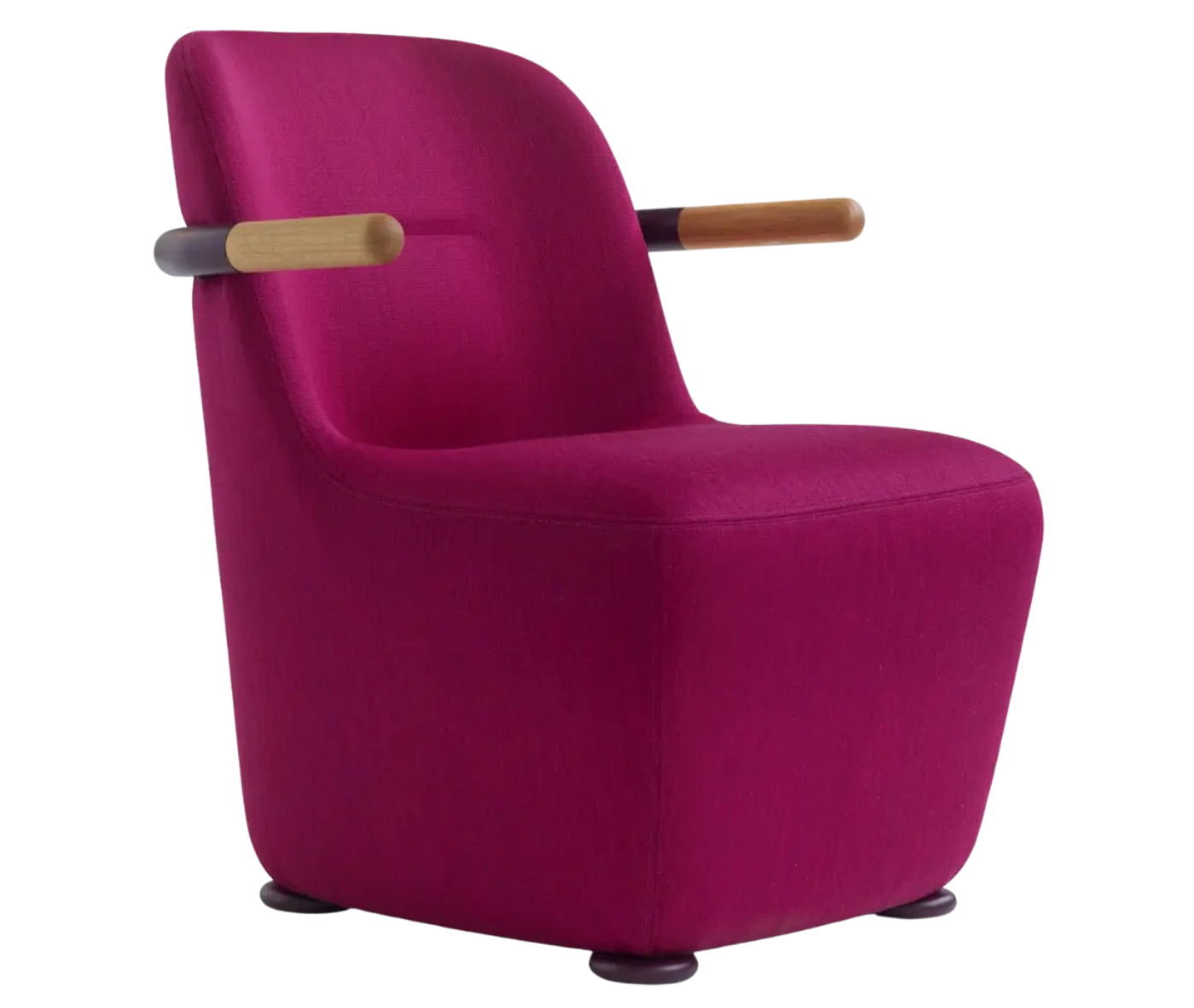 Bla Station Jackson lounge chair in pink upholstery with curved backrest and timber armrests.