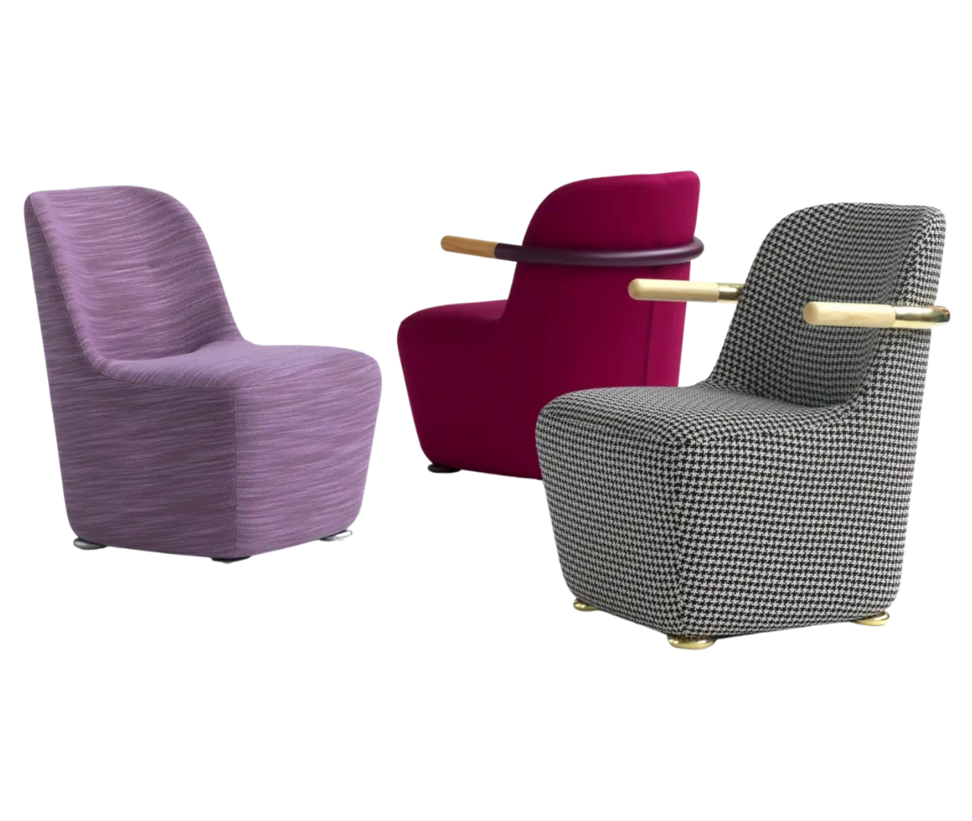Bla Station Jackson lounge chairs in assorted upholstery, featuring curved backs, and colored armrests.