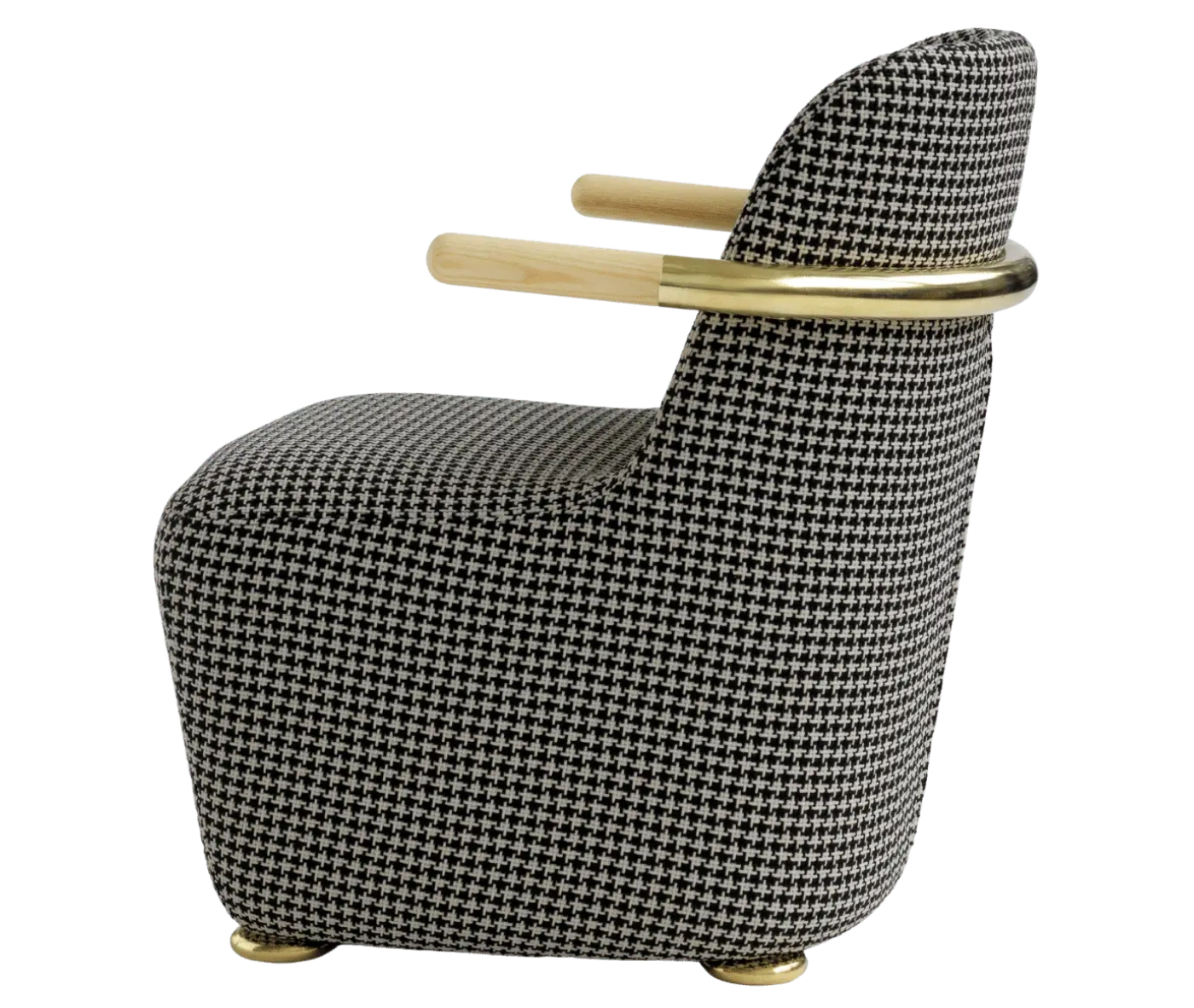 Bla Station Jackson lounge chair in left-side view, upholstered in patterned fabric with a curved backrest and timber armrests.