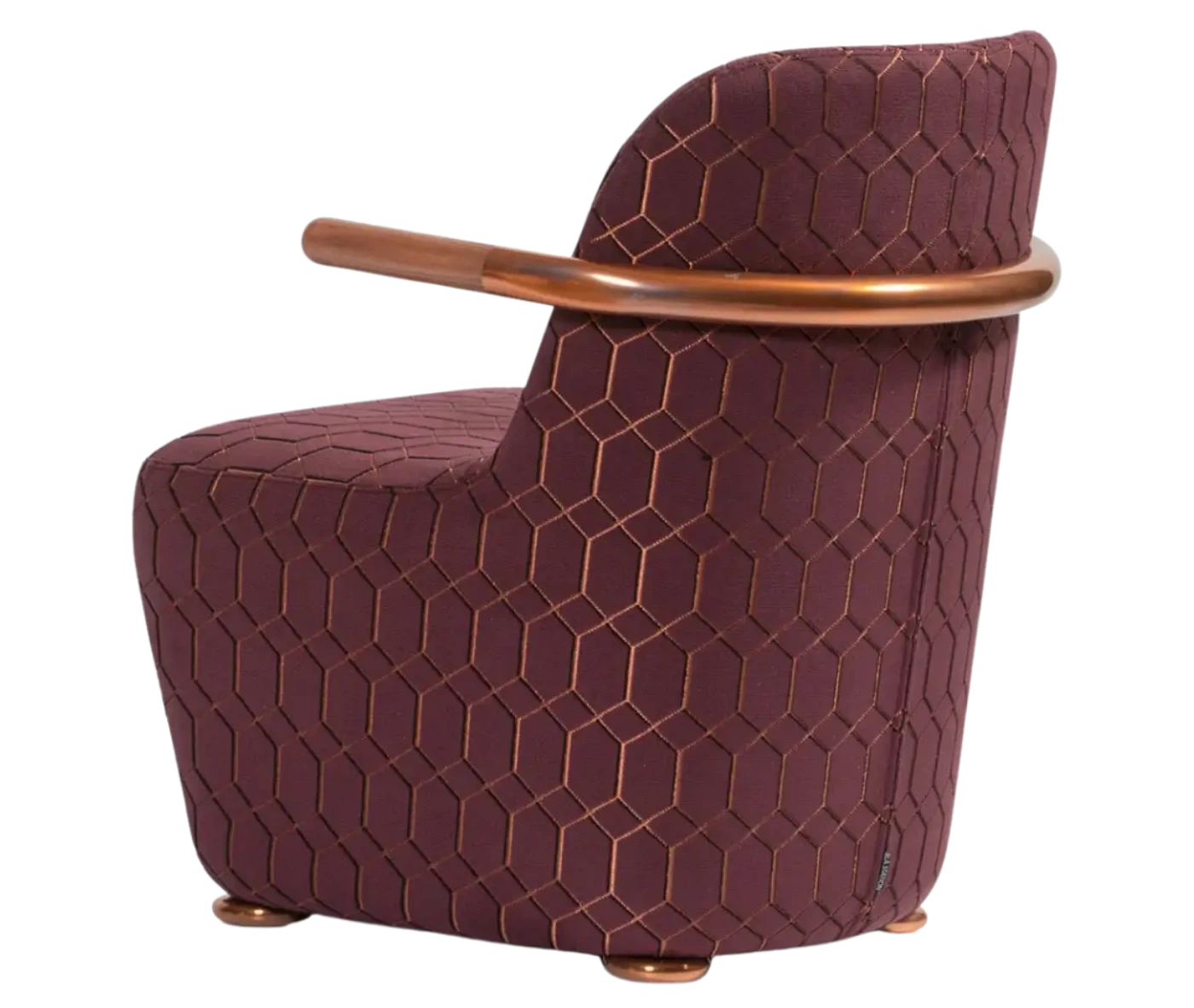 Bla Station Jackson lounge chair in left-side view, upholstered in patterned fabric with a curved backrest and armrests.