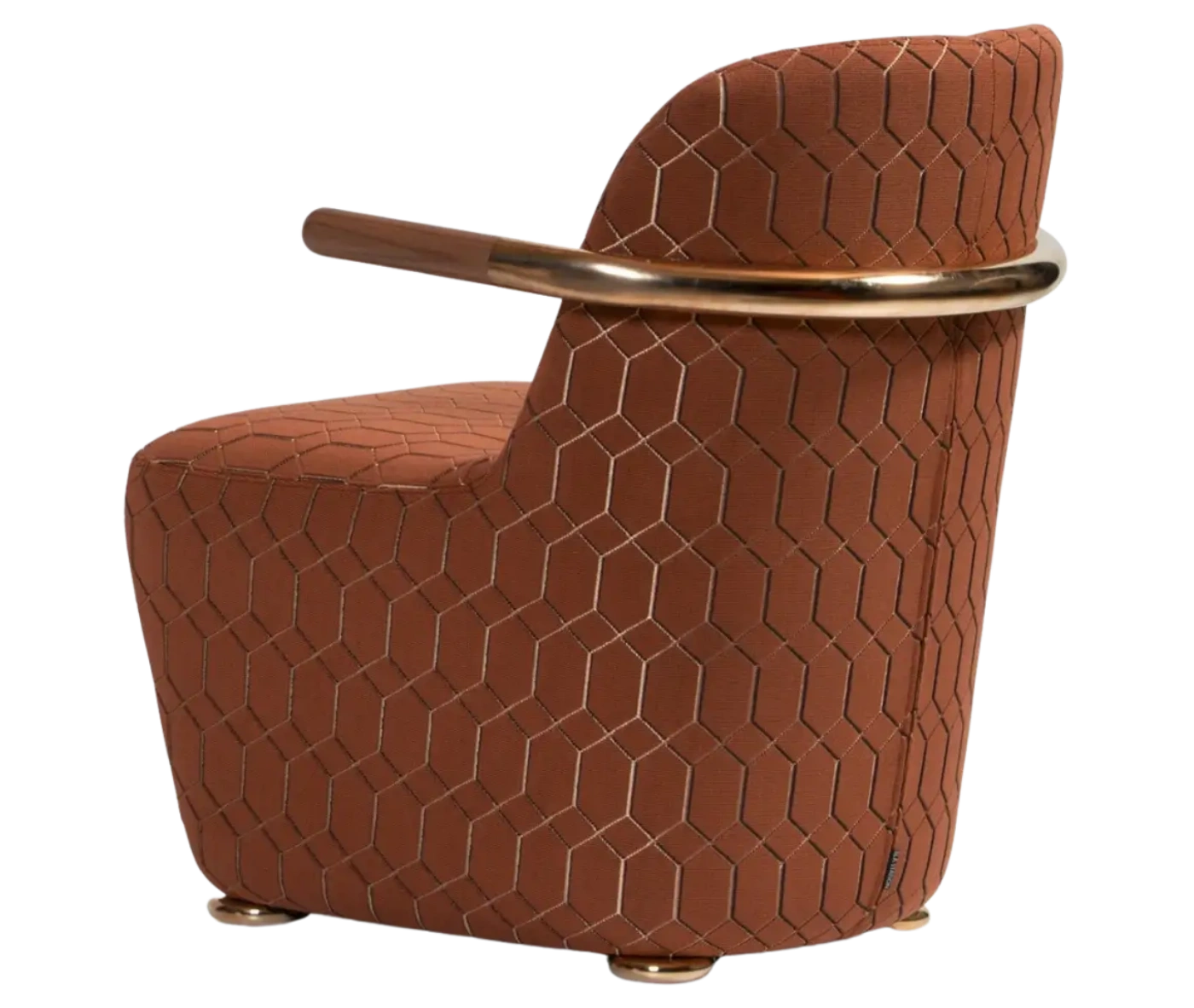 Bla Station Jackson lounge chair in left-side view, upholstered in patterned fabric with a curved backrest and armrests.