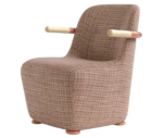 Bla Station Jackson lounge chair in front-left view, upholstered in patterned fabric with a curved backrest and timber armrests.