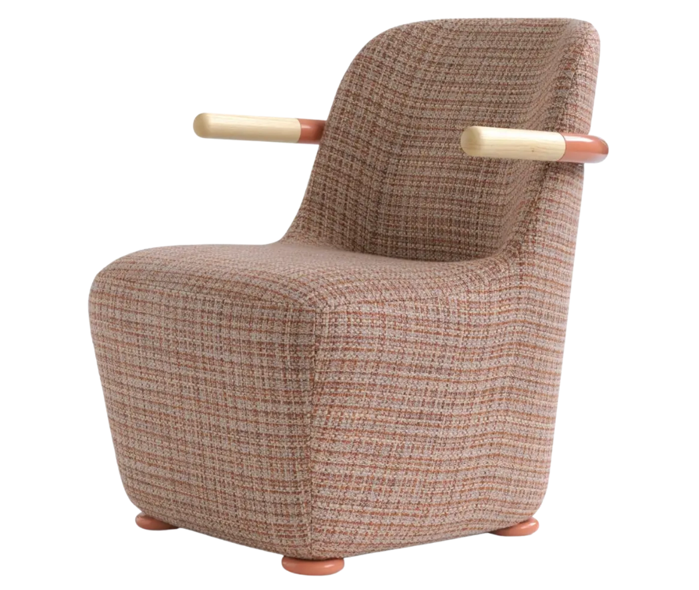 Bla Station Jackson lounge chair in front-left view, upholstered in patterned fabric with a curved backrest and timber armrests.
