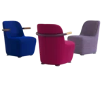 Bla Station Jackson lounge chairs in assorted upholstery, featuring curved backs, and colored armrests.