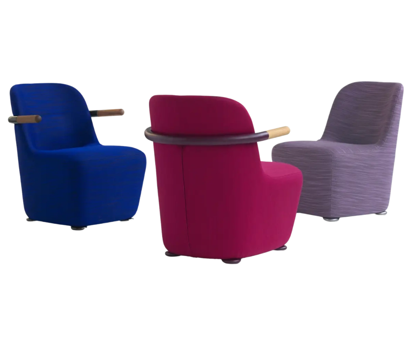 Bla Station Jackson lounge chairs in assorted upholstery, featuring curved backs, and colored armrests.