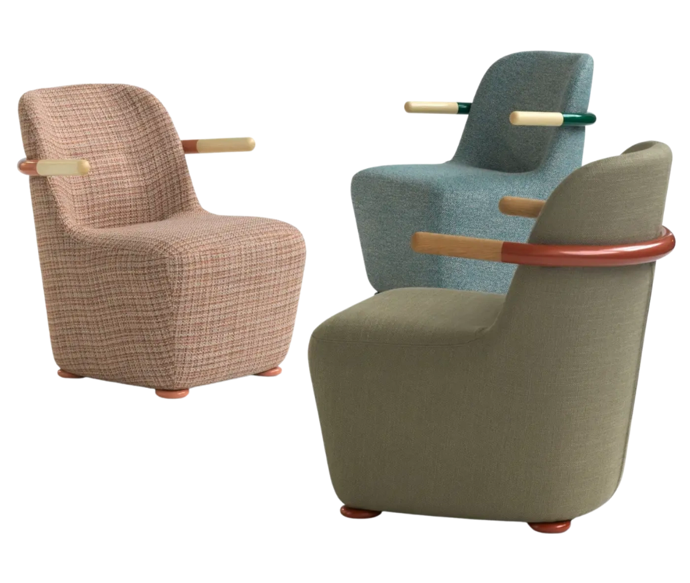 Bla Station Jackson lounge chairs with curved backrests, assorted upholstery, and coloured armrests.