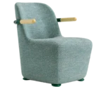 Bla Station Jackson lounge chair in front-right view in textured upholstery with curved backrest and timber armrests.
