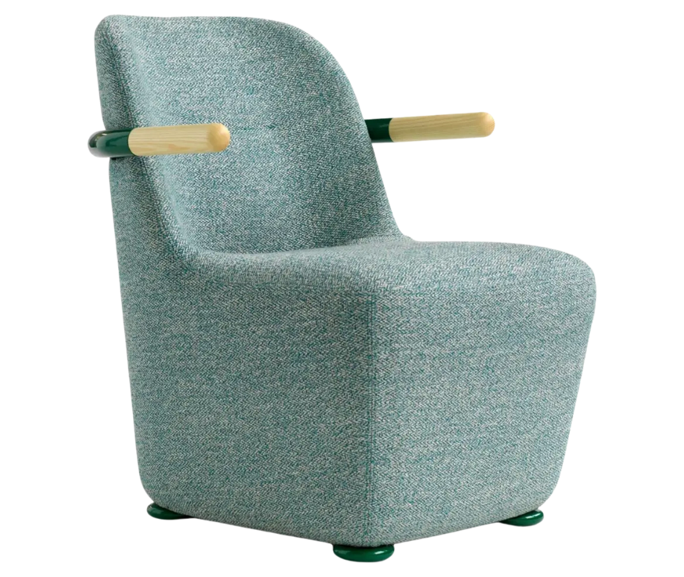 Bla Station Jackson lounge chair in front-right view in textured upholstery with curved backrest and timber armrests.